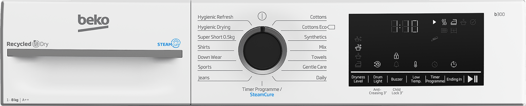 BM3T3833W Maximise energy efficiency with this 8kg Heat Pump Tumble Dryer featuring SteamCure technology. While the model's interior drum light ensures no item is overlooked, SteamCure uses the power of steam to refresh clothes, eliminating odours and creases without the need for a full wash. The appliance also uses lower temperatures and reused hot air to deliver superior fabric protection and reduced energy consumption, saving you money on your energy bills.